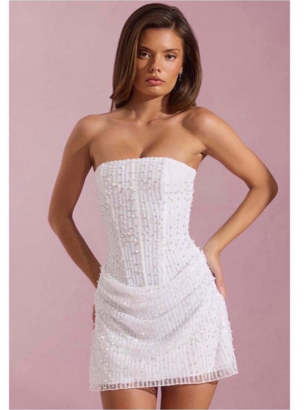 Oh Polly White Strapless Beaded Mini Dress